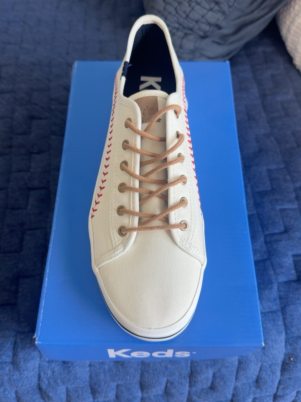 Keds Kids Cream Canvas Sneaker with Red Stitching and Tan Laces